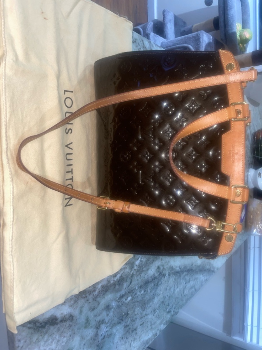 Louis Vuitton Brown Vernis Patent Leather Tote with Vachetta Straps